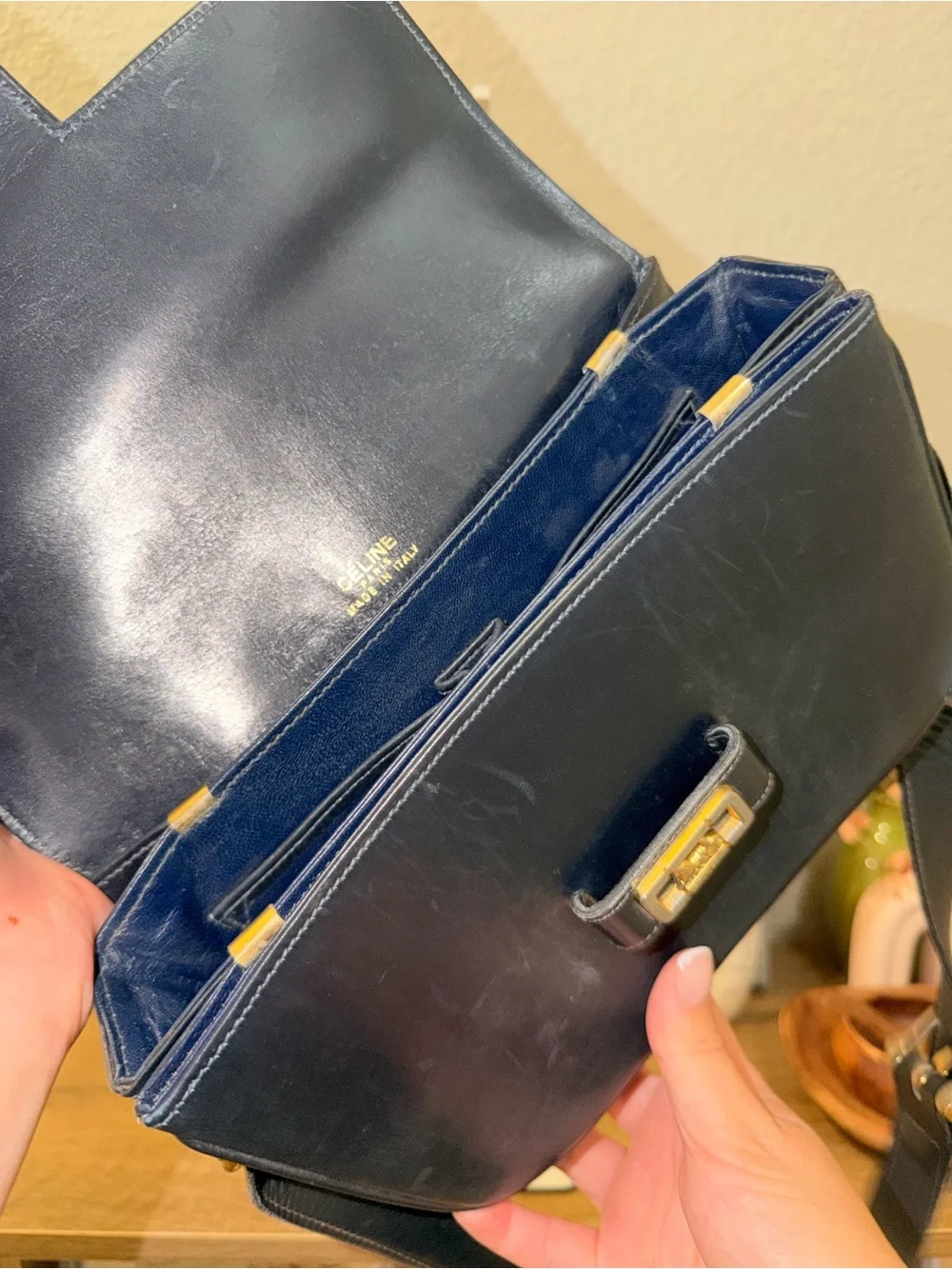 Vintage Black Leather Celine Shoulder Bag with Gold Hardware